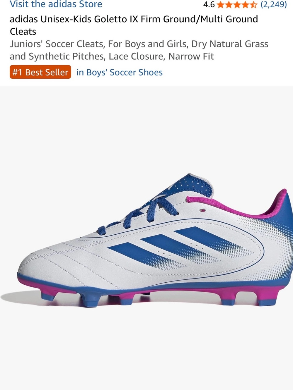adidas Kids Soccer Cleats in White / Bright Royal / Shock Pink